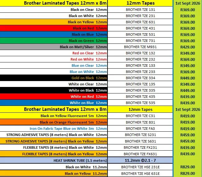 Sept 2026 Brother Laminated Tapes 12mm