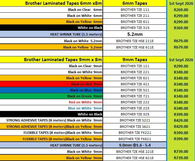 Sept 2026 Brother Laminated Tapes 6-9mm Sept 2026 Brother Laminated Tapes 6-9mm